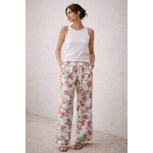 Charter Club Linen Blend Floral Pants White Pink Resort Relaxed S